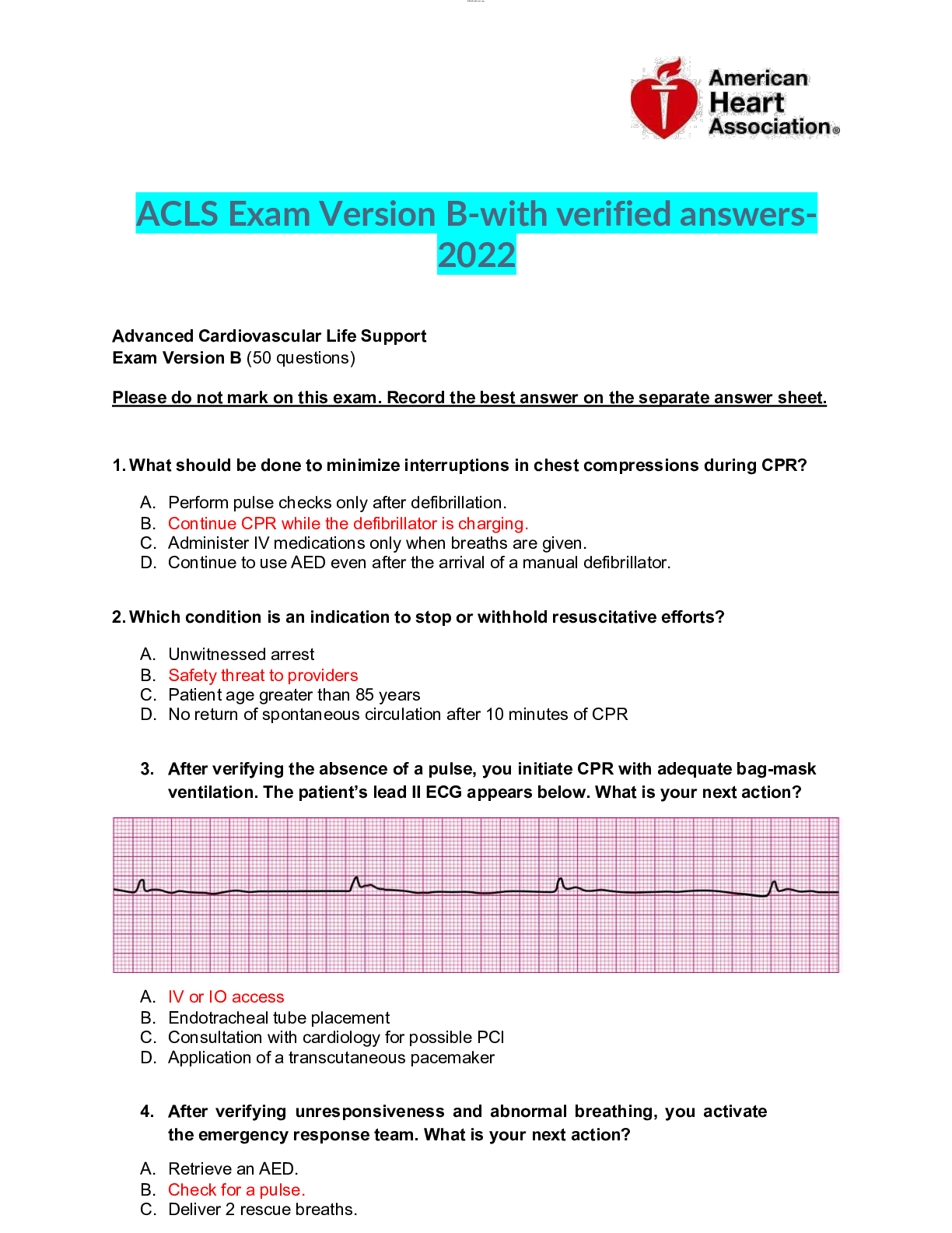 Preview image of ACLS Exam Version B-with verified answers-2022 document